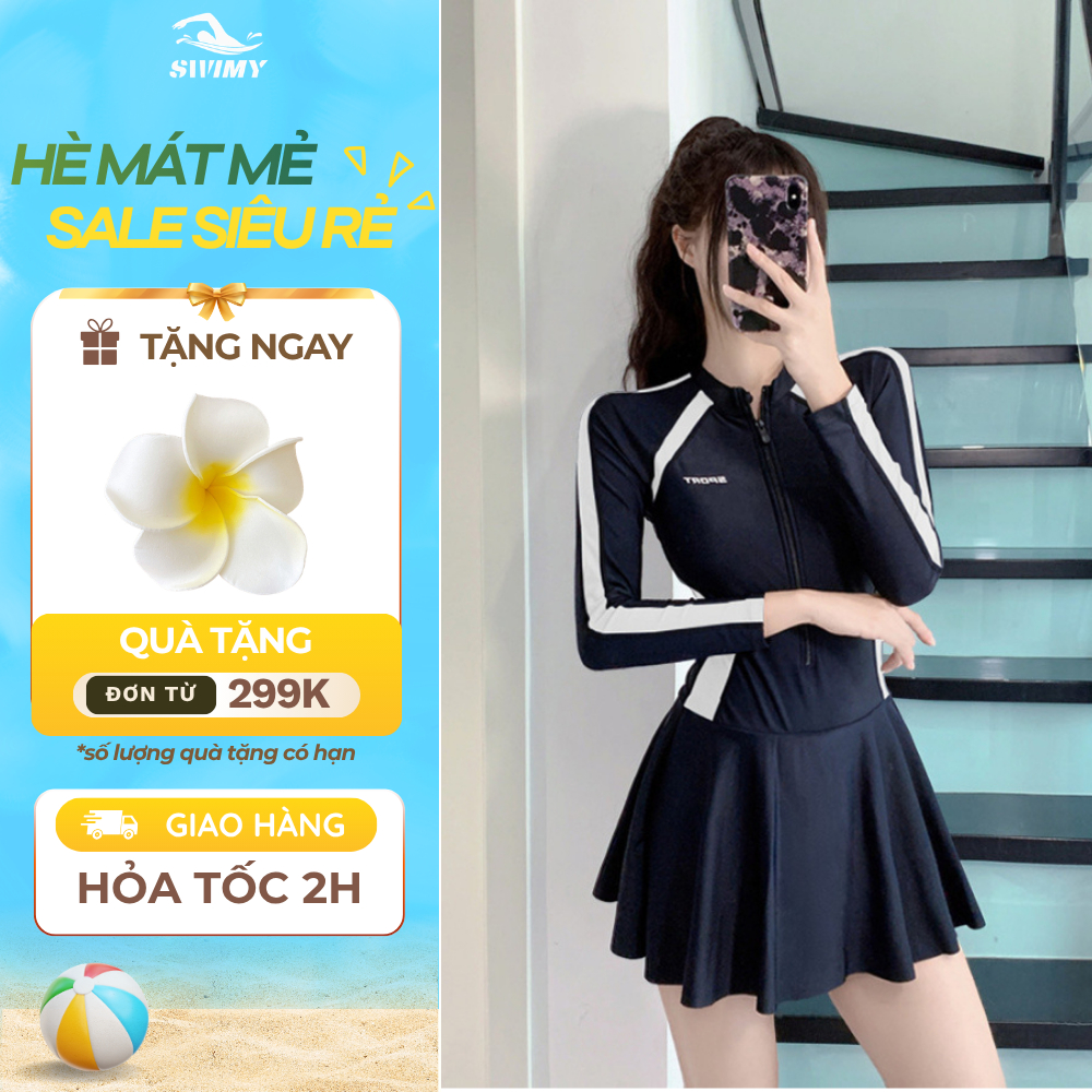 [K056] Đồ bơi nữ dài tay SWIMY chất liệu cao cấp, bikini nữ đi bơi, đi biển dáng váy kèm quần bảo hộ | BigBuy360 - bigbuy360.vn