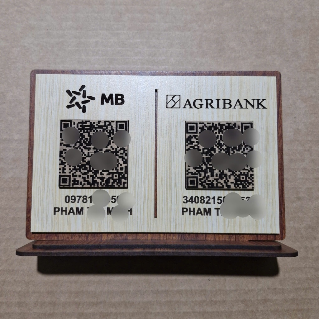 Mã QR để bàn 2 trong 1, Bảng gỗ in mã QR ngân hàng và Wifi, QR code để bàn