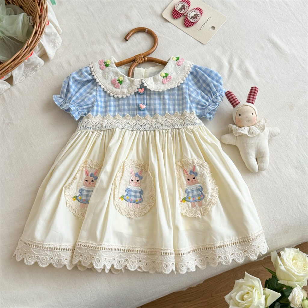 ( Oder) Hot trend 2026 Váy công chúa bé gái Lolita thêu thỏ vintage – đầm xòe ren phối caro dễ thươn