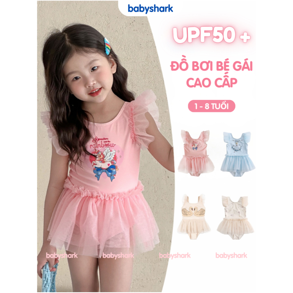 Bộ Đồ Bơi Liền Thân Dài Tay Bé Gái có kèm mũ, đồ bơi chống nắng cho bé, nhanh khô 1-8 tuổi Babyshark