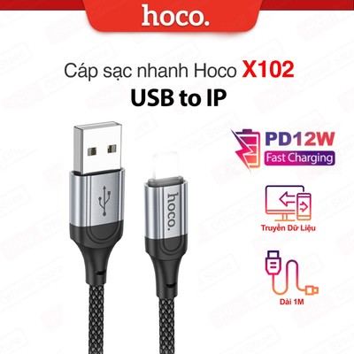 Cáp sạc nhanh PD12W HOCO X102 USB to IP dùng cho ip7/8/X/11/12/13/14 dài 1M dây bọc dù chống rối sạc nhanh