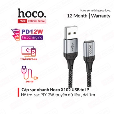 Cáp sạc nhanh PD12W HOCO X102 USB to IP dùng cho ip7/8/X/11/12/13/14 dây bọc dù chống rối sạc nhanh,dài 1M