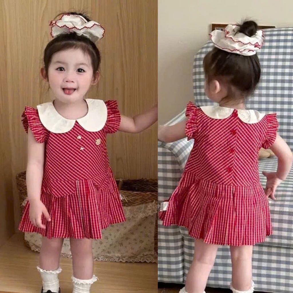HÀNG CAO CẤP- Váy Cherry Coco bé gái hàng chính hãng kẻ đỏ cổ sen