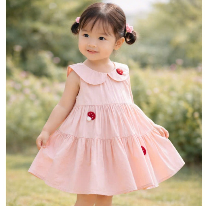 HÀNG CAO CẤP- Váy Cherry Coco bé gái hàng chính hãng hồng đính họa tiết đỏ