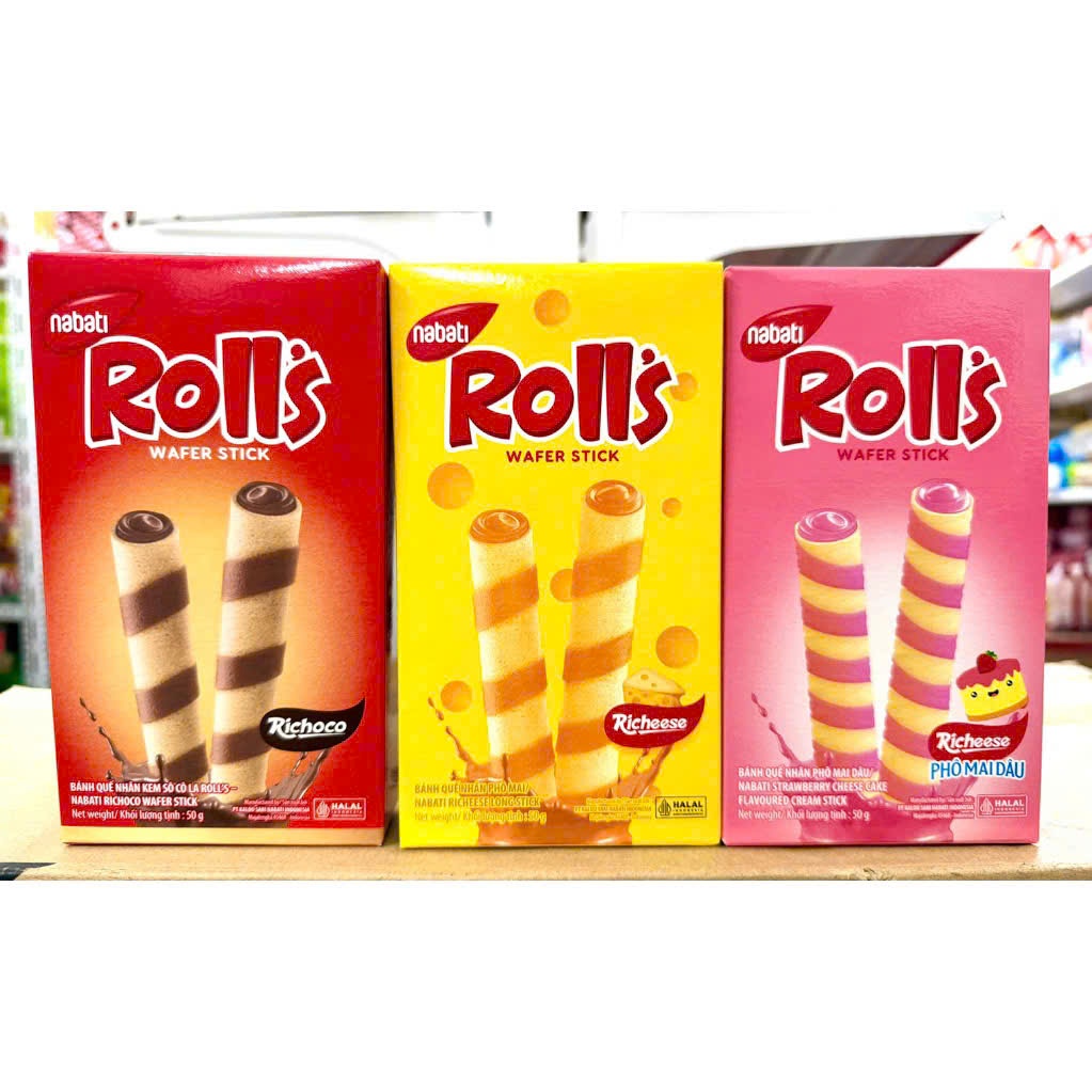 Compo 3 Bánh Quế Nabati Rolls Nhân Socola-Phô Mai-Dâu Hộp 50g...
