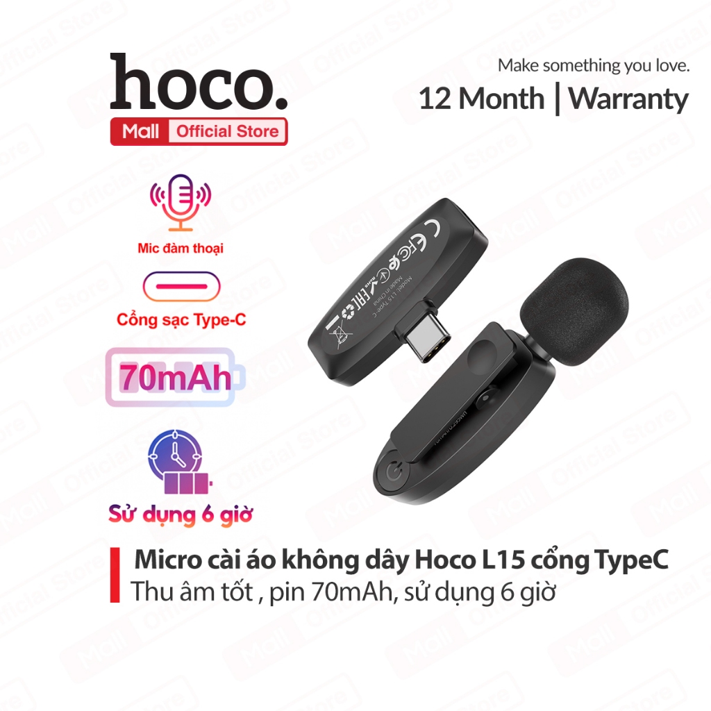 Micro thu âm thông minh cài áo Hoco L15 chân cắm Type C , nhỏ gọn , pin 70mAh, dùng đến 6 giờ