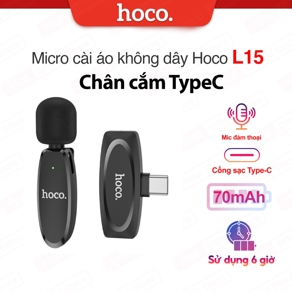 Micro thu âm thông minh cài áo Hoco L15 chân cắm Type C , pin 70mAh, dùng đến 6 giờ, dùng cho Androi