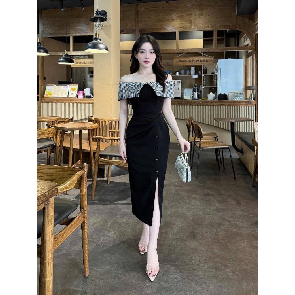 2TY23 - Váy Thiết Kế Eviici dành cho nữ,thiết kế trễ vai phối kẻ karo nhí, dáng bút chì xuông xẻ trư