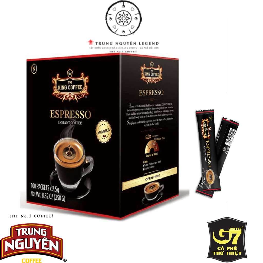 ( Date - 2027 ) Cà Phê Hoà Tan đen không đường ESPRESSO King Coffee Hộp 100 Gói