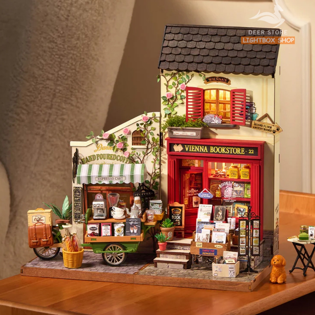 Mô hình Robotime Rolife Aromatic Coffee Cart DG182 + Vienna Bookstore DG183 – Xe cà phê & Tiệm sách