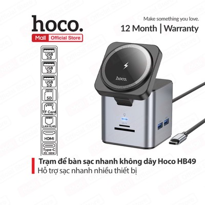 Trạm để bàn sạc nhanh không dây 9in1 Hoco HB49 HDTV + PD + USB3.0x3 + SD + TF + RJ45 + sạc không dây từ tính