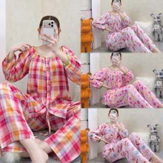 Đồ bộ tole nữ bộ lanh mặc nhà VNXK F21 tay bồng Phom rộng nút cài tiểu thư.