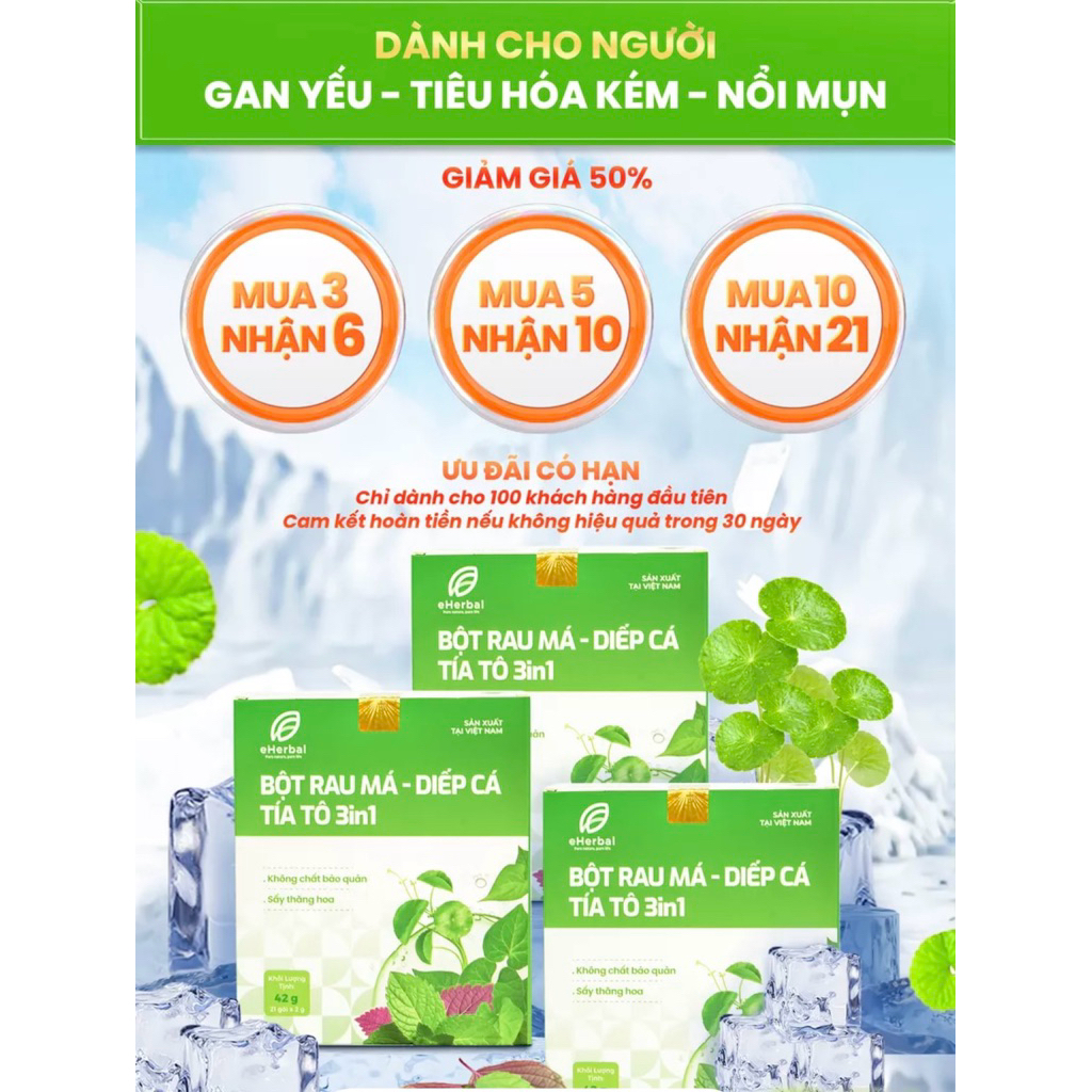 Bột Rau Má-Diếp Cá-Tía Tô 3 in 1 nhà Eherbal hàng chính hãng