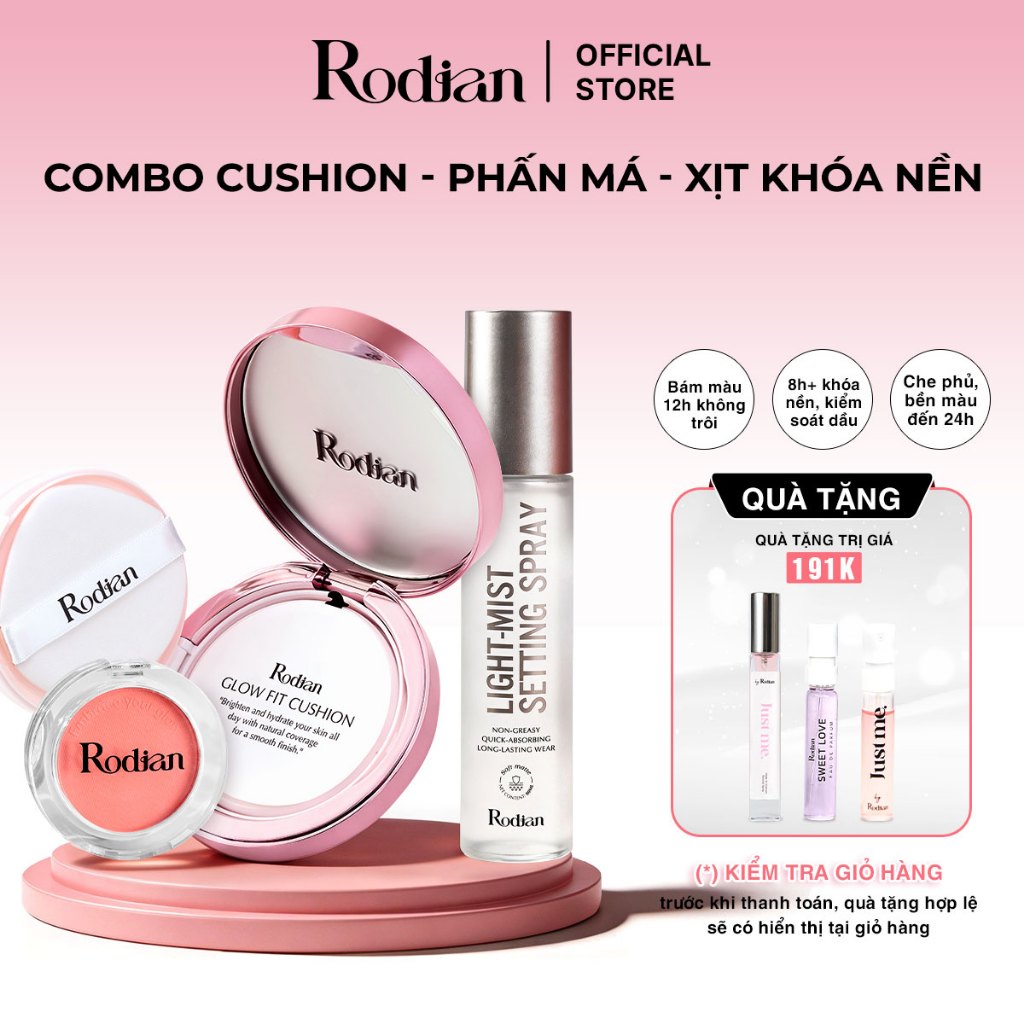 Combo Cushion Chống Nắng Rodian Glow Fit - Phấn Má Hồng - Xịt Khóa Nền Trang Điểm Rodian Light