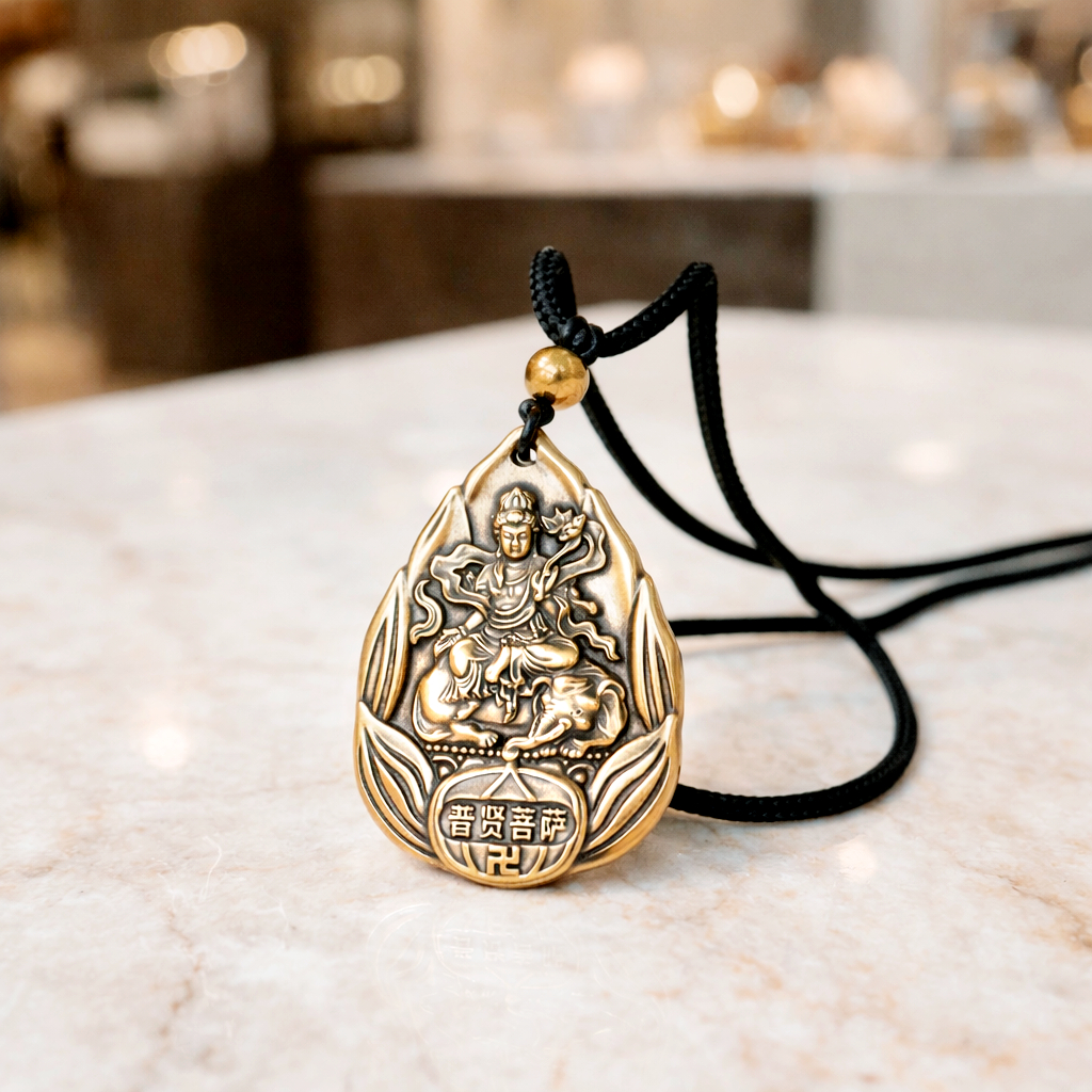Dây chuyền mặt Phật Phổ Hiền Bồ Tát hoa sen bằng đồng - MV02