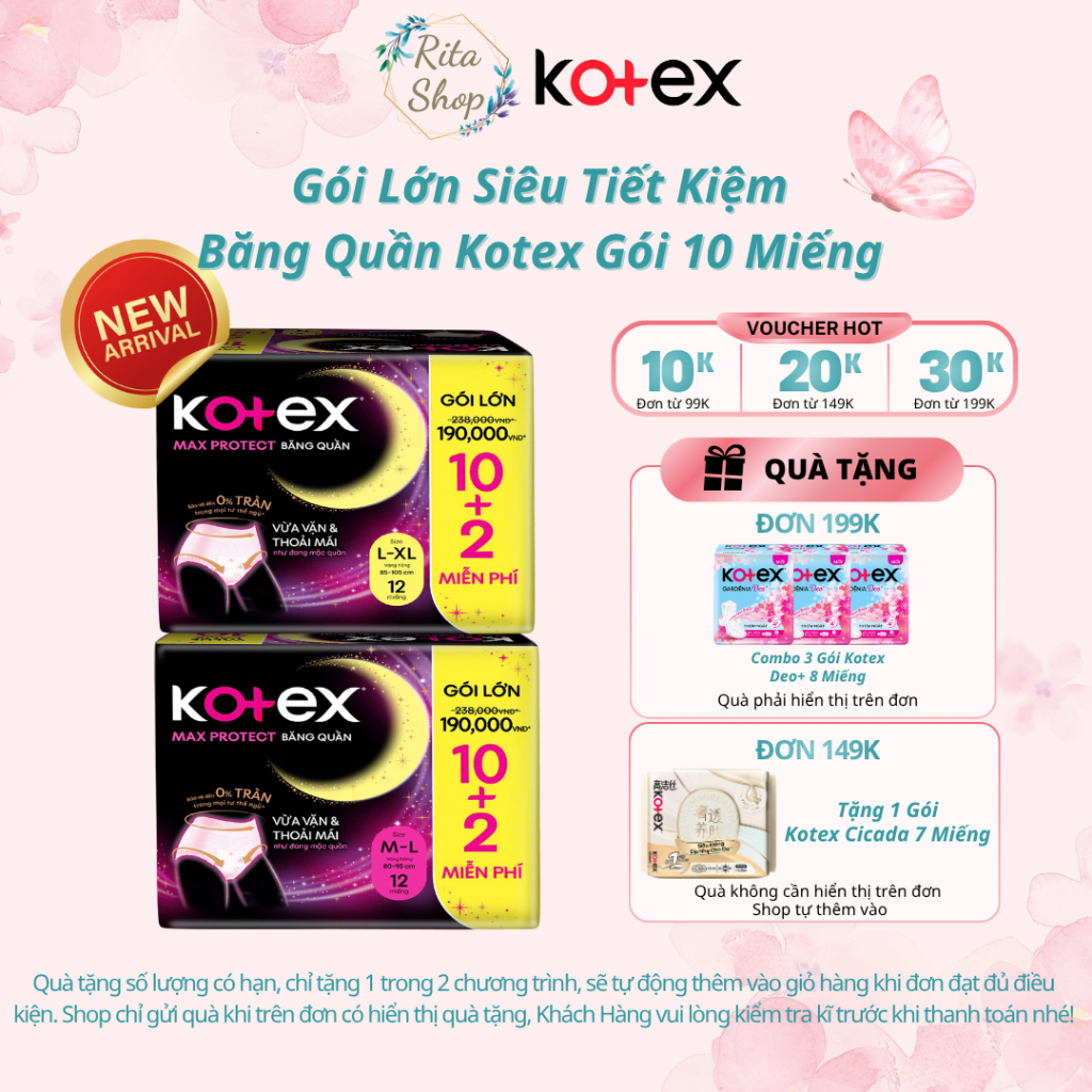 [TẶNG THÊM 2 MIẾNG] Băng Quần Kotex Maxprotect Size M-L / L-XL 10+2 Miếng - Siêu Thấm Hút (Rita Shop