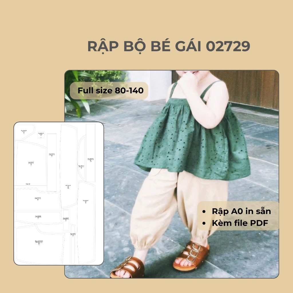 Rập A0 | Bộ bé gái 02729 form chuẩn - có gu | Full size 80-140 | File PDF + A0 in sẵn