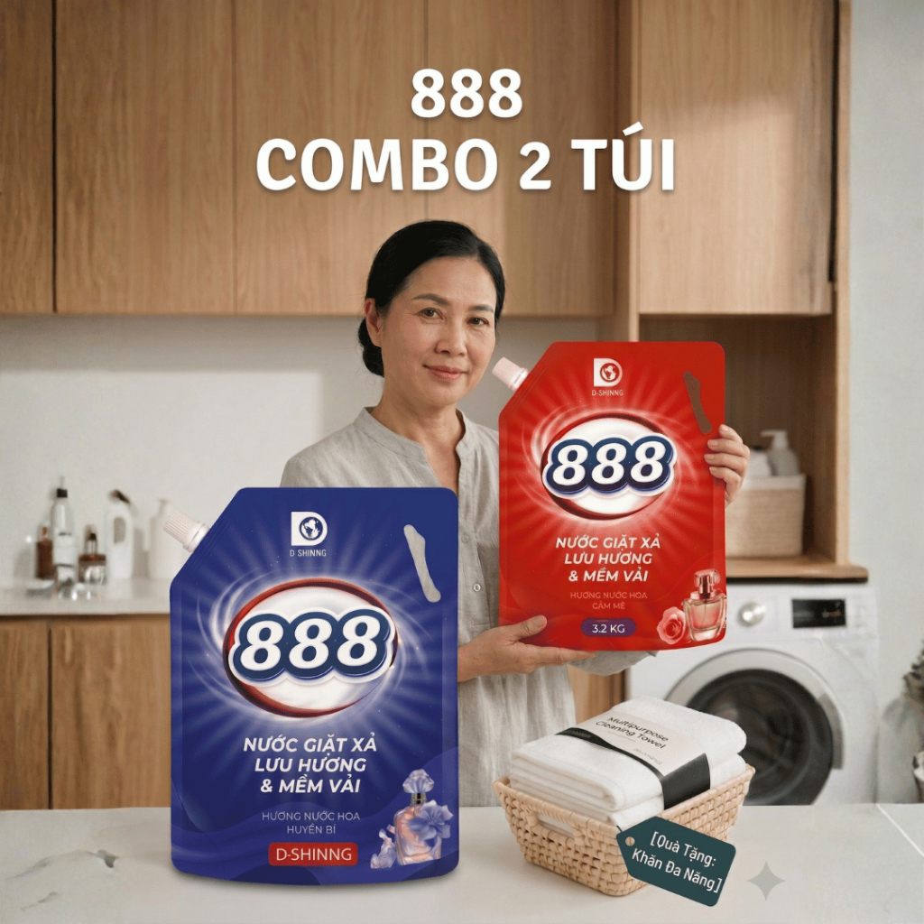 888 Nước Xả Giặt Cao Cấp 2 in 1 Tặng Kèm Khăn Lau Đa Năng