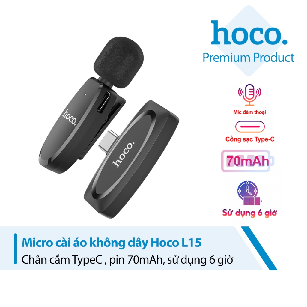 Micro thu âm thông minh cài áo Hoco L15 chân cắm Type C , pin 70mAh, dùng đến 6 giờ, dùng cho Androi