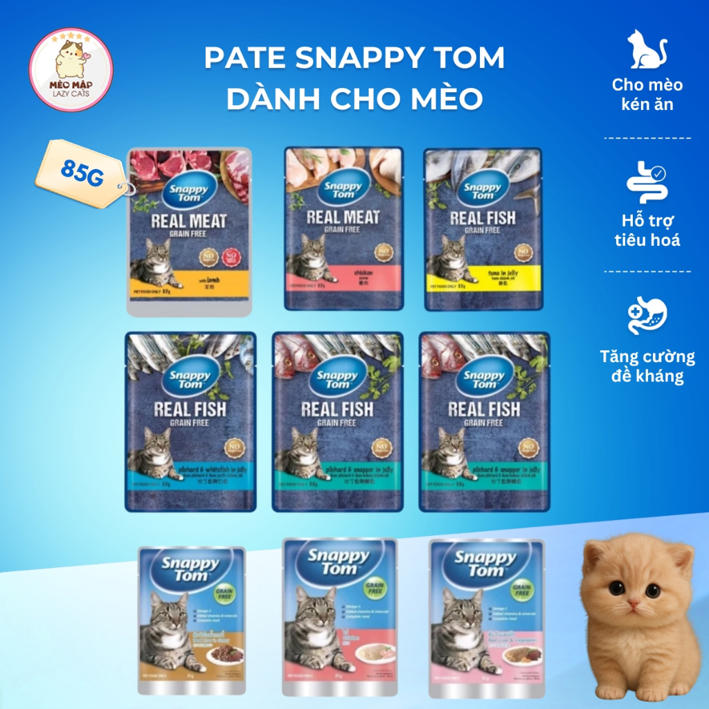 [Combo 12 Gói] Pate Snappy Tom Gói 85G Cho Mèo Dinh Dưỡng Thơm Ngon, Giàu Đạm, Hỗ Trợ Tiêu Hóa