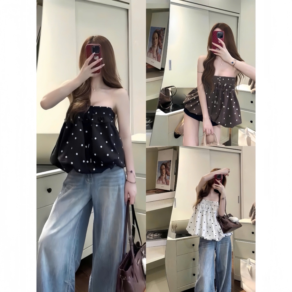 Áo Quây Nữ Chấm Bi Dáng Xòe – Áo Ống Babydoll Lưng Thun, Phong Cách Ulzzang Hàn Quốc HH8 | BigBuy360 - bigbuy360.vn