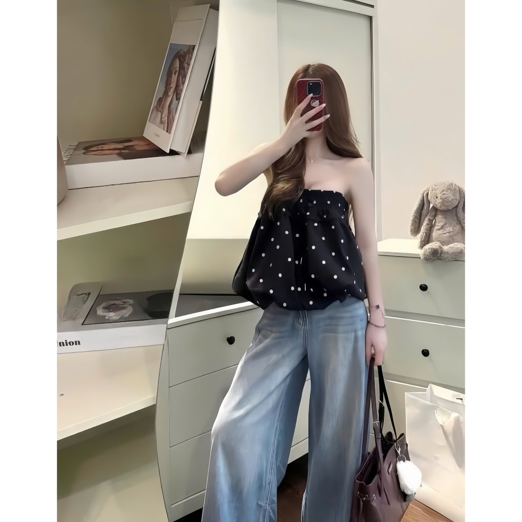 Áo Quây Nữ Chấm Bi Dáng Xòe – Áo Ống Babydoll Lưng Thun, Phong Cách Ulzzang Hàn Quốc HH8 | BigBuy360 - bigbuy360.vn