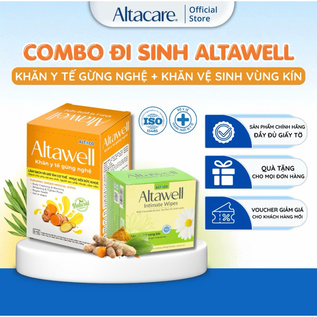 Combo Đi Sinh Altawell Khăn Y Tế Gừng Nghệ & Khăn Vệ Sinh Phụ Nữ - Hỗ Trợ Làm Sạch, Khử Mùi, Lành Tí