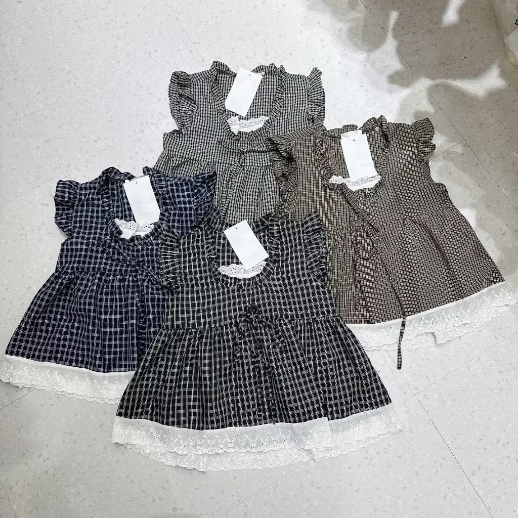 up 1104 Áo baby doll caro phối ren UP Studio