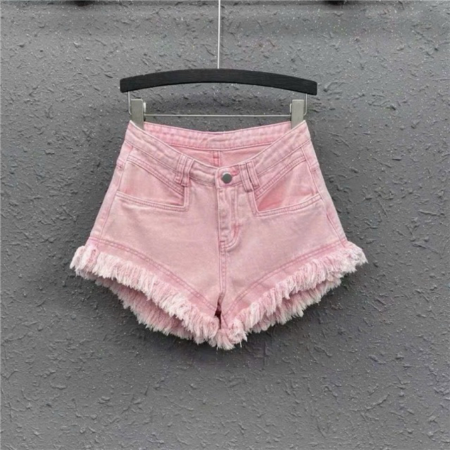 quần short jean hồng nhạt tua rua nữ ko dãn ảnh thật