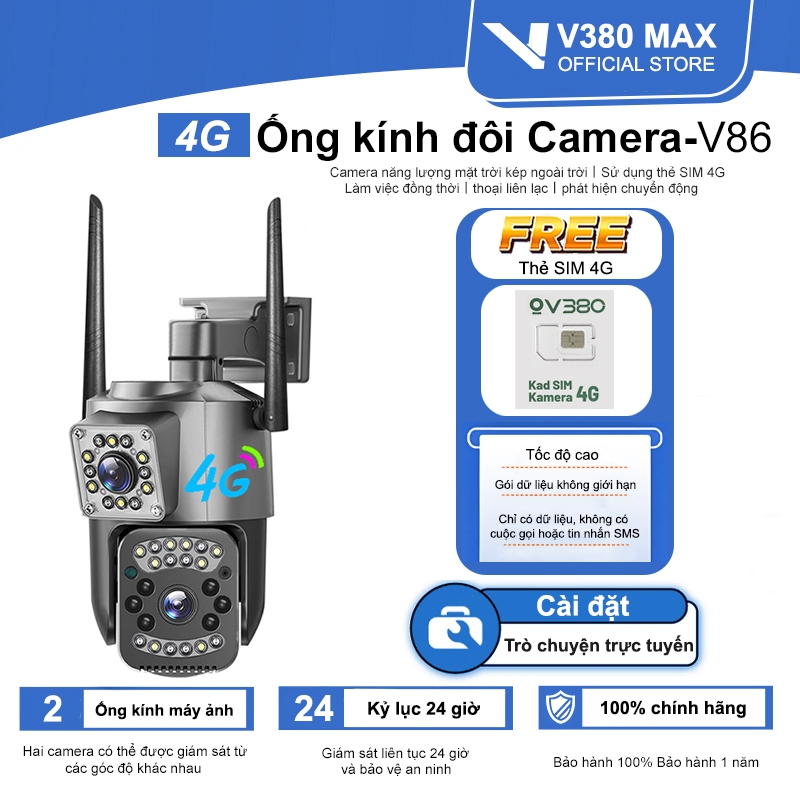 V380 MAX Dual Lens V86 Máy ảnh quan sát giám sát không dây ngoài trời 4G camera an ninh Wifi IP ống 