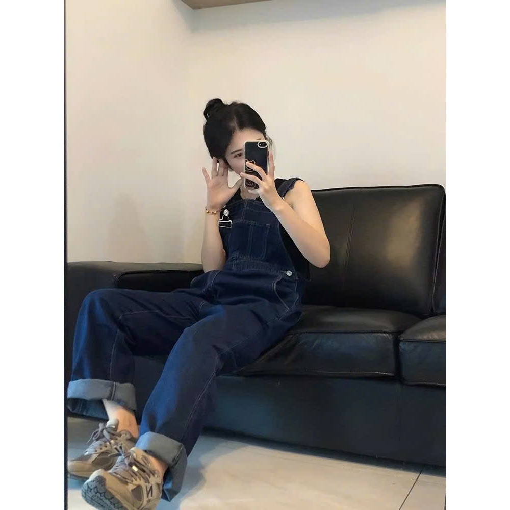 (Hàng đặt trước) Quần yếm dáng dài ống rộng tone xanh biển đậm thời trang Girl Crush