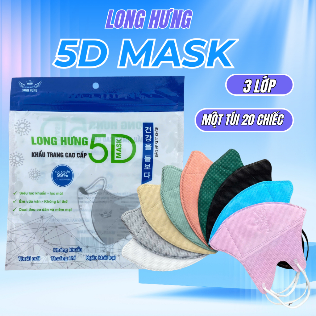 [ Combo 600 Cái] Khẩu Trang 5D Long Hưng 3 Lớp Kháng khuẩn, dày dặn cao cấp.