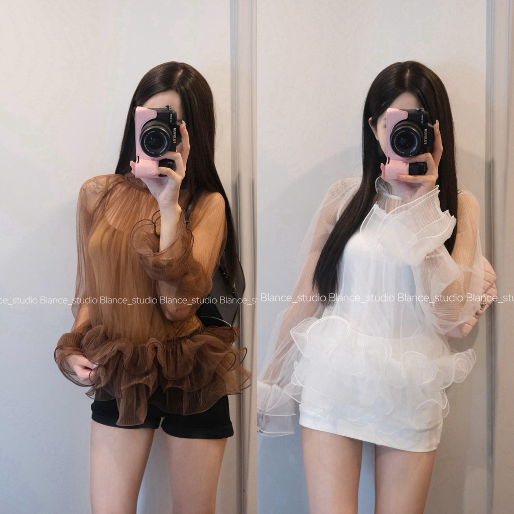 BLANCE STUDIO/ Set áo hai dây voan xuyên thấu kèm áo hai dây