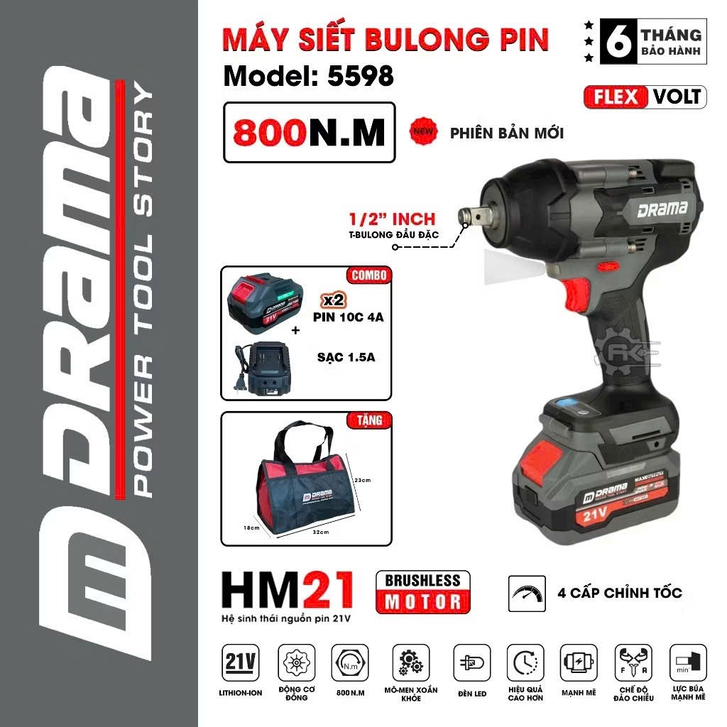Máy siết bulong pin DRAMA 5598, Động cơ bền bỉ mạnh mẽ, Lực siết 800Nm