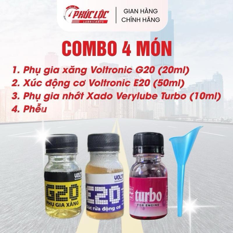 COMBO 4 món Xúc động cơ Voltronic E20 + Phụ gia xăng Voltronic G20 + Phụ gia nhớt Xado Verylube Turb
