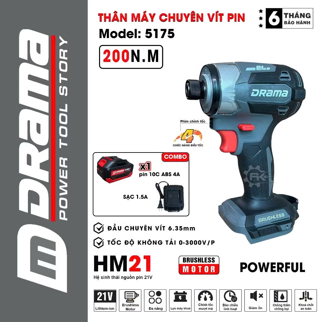 Thân Máy Chuyên Vít Drama 5175, 5 Tốc Độ, Đầu Ngậm Vít Nhanh, Động Cơ Không Chổi Than