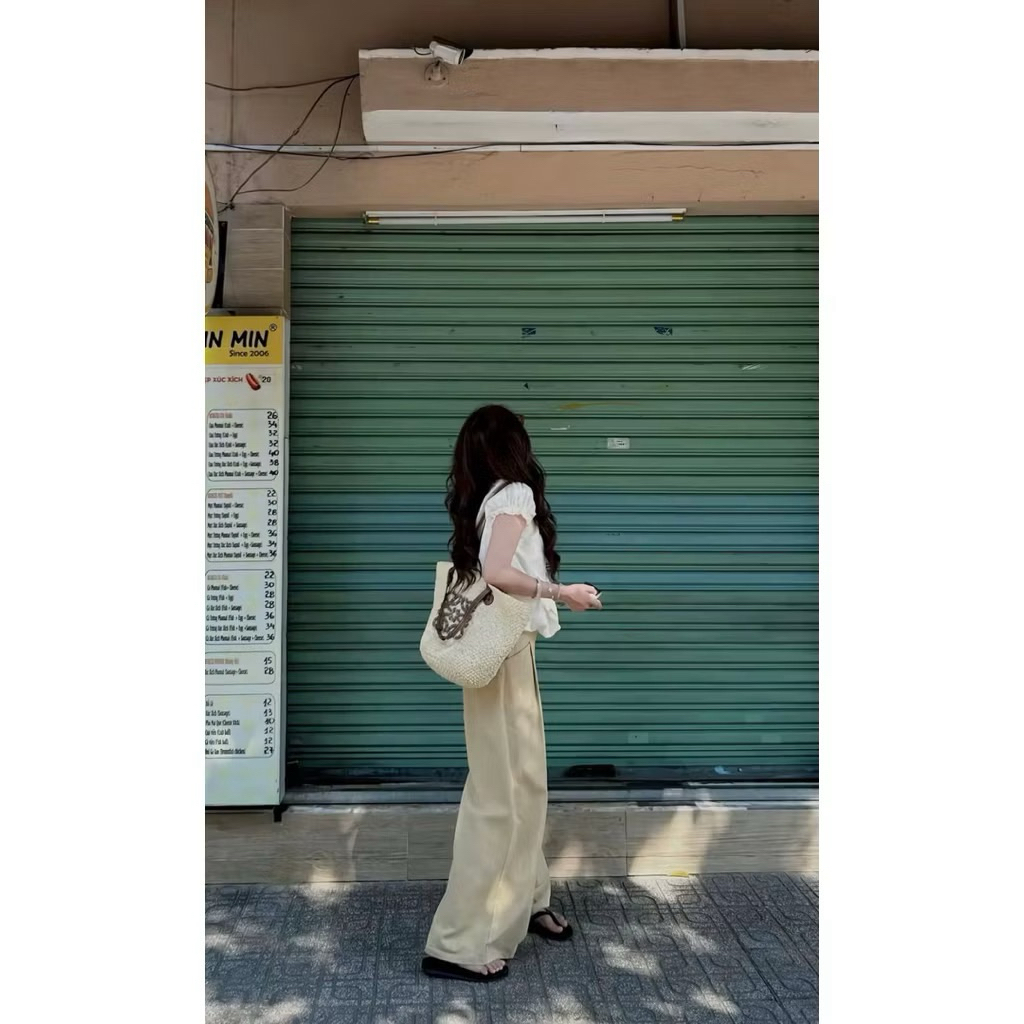 Hion Store - Set áo kem bí tay bo+ quần suông kaki nude