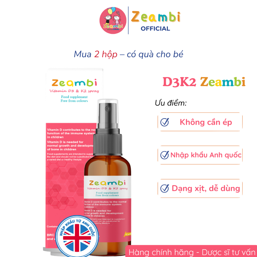 Vitamin D3K2 Zeambi dạng xịt, Chai 15ml - Bổ sung D3 và K2 cho trẻ
