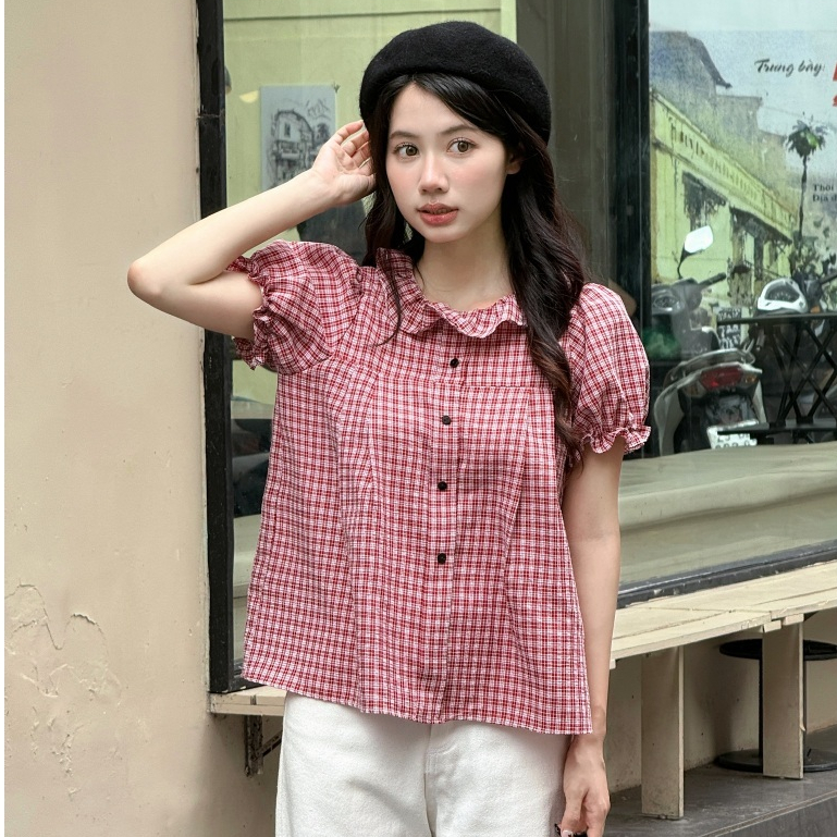 𝙏𝙤𝙢𝙢𝙮_𝙐𝙡𝙡𝙯𝙖𝙣𝙜𝟴𝟲// Áo babydoll kẻ caro cổ bèo tay bồng, áo kiểu babydoll kẻ caro – A597