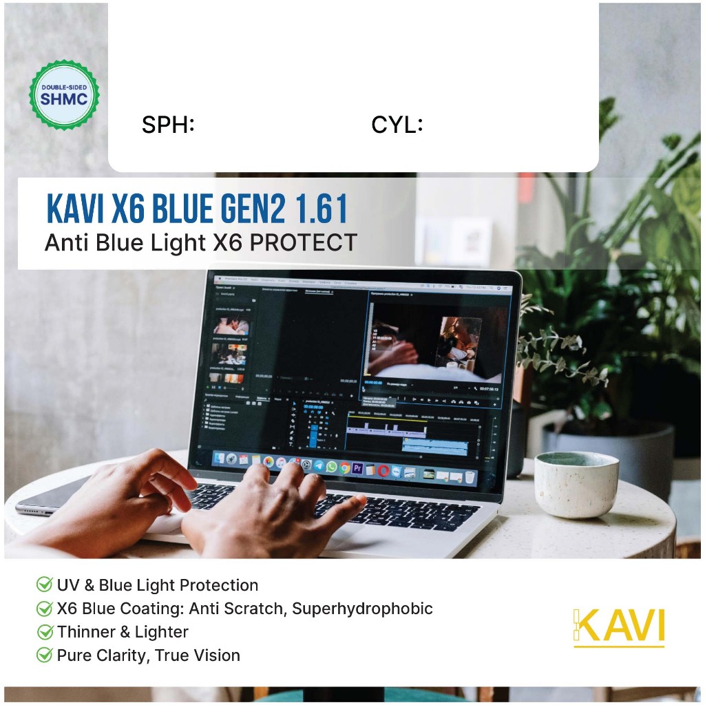 Tròng Kính KAVI X6 BLUE GEN 2 1.61 Chống Ánh Sáng Xanh, Tia UV, Siêu Trơn, Bền Bỉ Gấp 6 Lần Thông Th