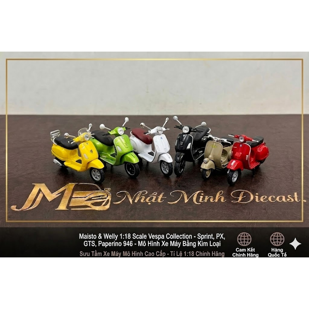 Mô hình xe Vespa sprint px GTS paperino 946 tỉ lệ 1:18 bằng kim loại Welly Maisto có đế trưng bày
