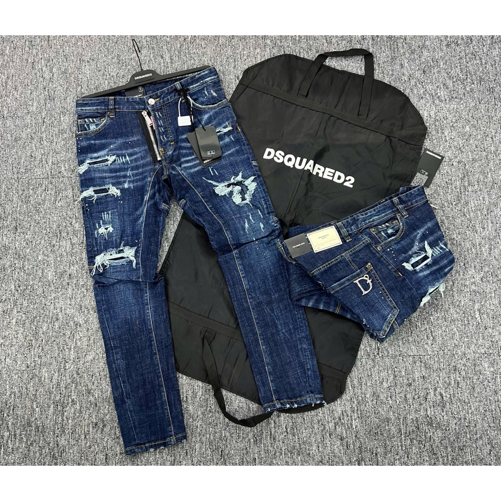 Quần jean nam xanh khoá lệch fom biker logo D2 hàng Quảng Châu