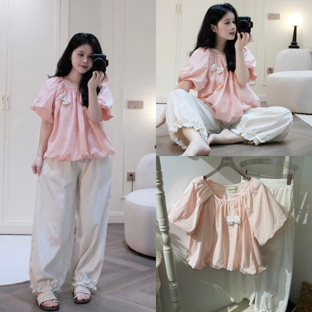(Set Đồ Nữ ): Áo Bi Hồng Cổ Tròn Đính Nơ Mix Quần Xuông Trắng Boom Gấu Chất Đũi Phồng 2 Lớp Đẹp Xịn-