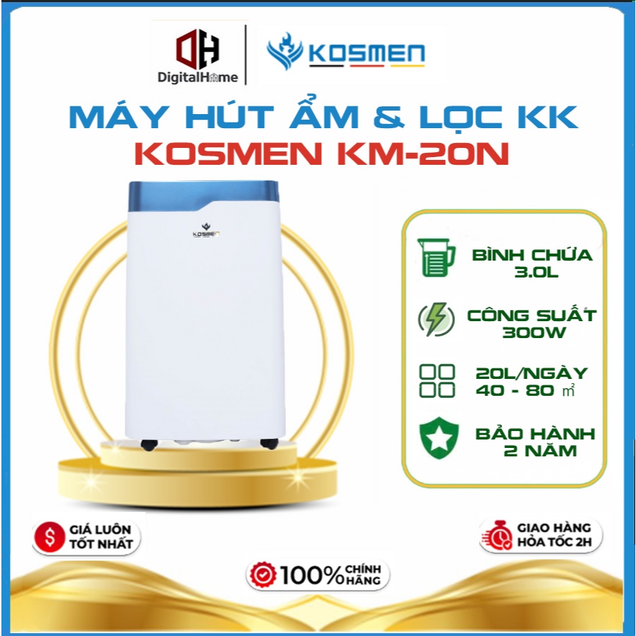 Máy Hút Ẩm và Lọc Không Khí Kosmen KM-20N, 20L/Ngày,Diện Tích Sử Dụng 40-80M2, Bảo Hành Chính Hãng