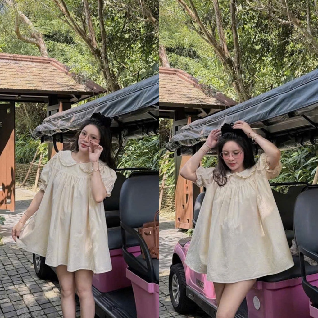 (Hàng Mới): Váy Thô Giấy Cổ Sen Phối Bèo Tay Phồng Dáng Xoè Chất Mềm Mát Bầu Bí Bon Chen-Ảnh Thật Lo