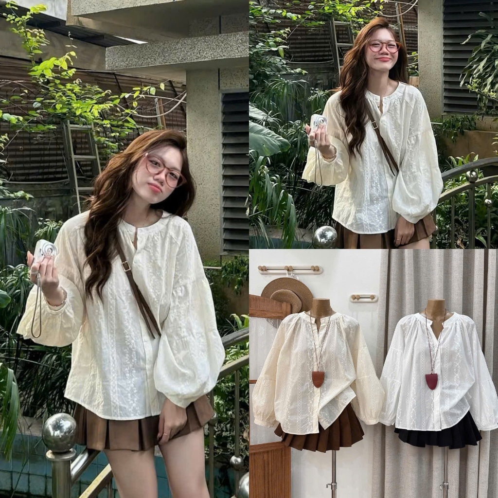 (Hàng Mới): Áo Sơ Mi Thô Cổ Tàu Thêu Dải Hoa Tay Bồng Dáng Babydoll Siêu Dễ Mặc 2 Màu-Ảnh Thật Lolla