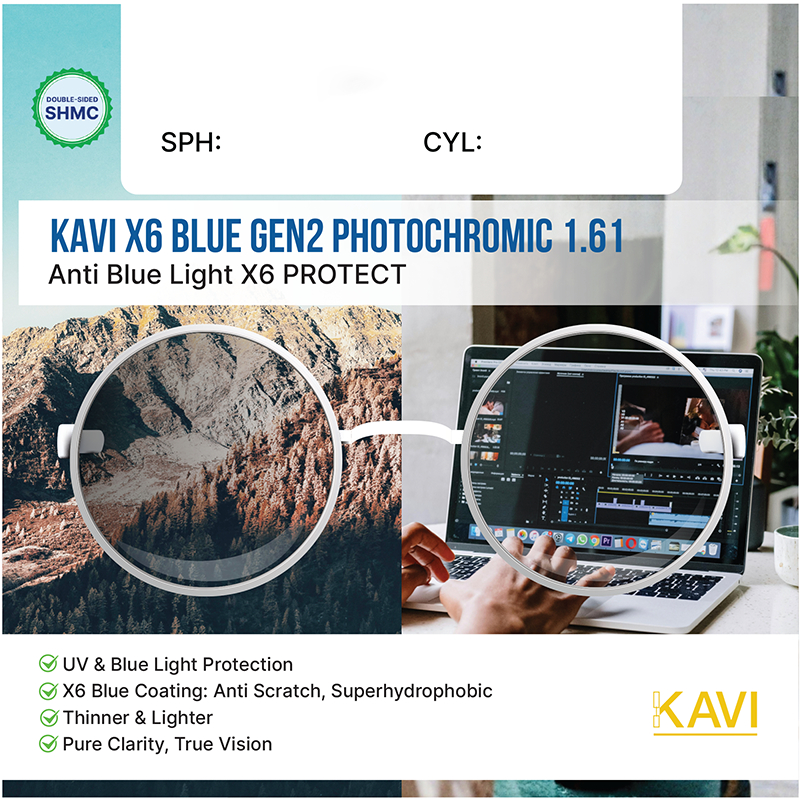 Tròng Kính Đổi Màu Chống Ánh Sáng Xanh KAVI X6 BLUE GEN 2 PHOTOCHROMIC 1.61 - Tròng Đổi Màu Xám Đen 