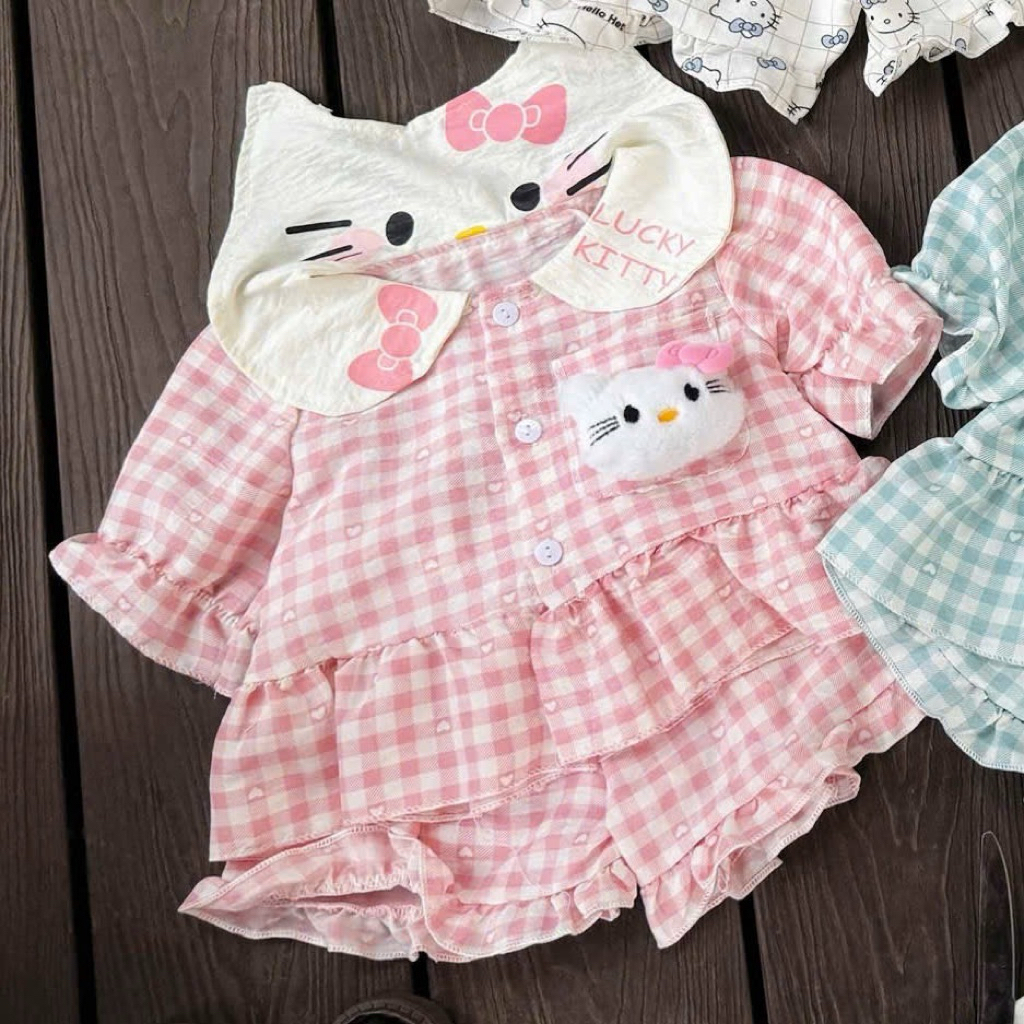 Đồ bộ bé gái, Pijama cho bé gái, Set pijama Hello Kitty kẻ caro phối bèo phong cách tiểu thư cho bé 