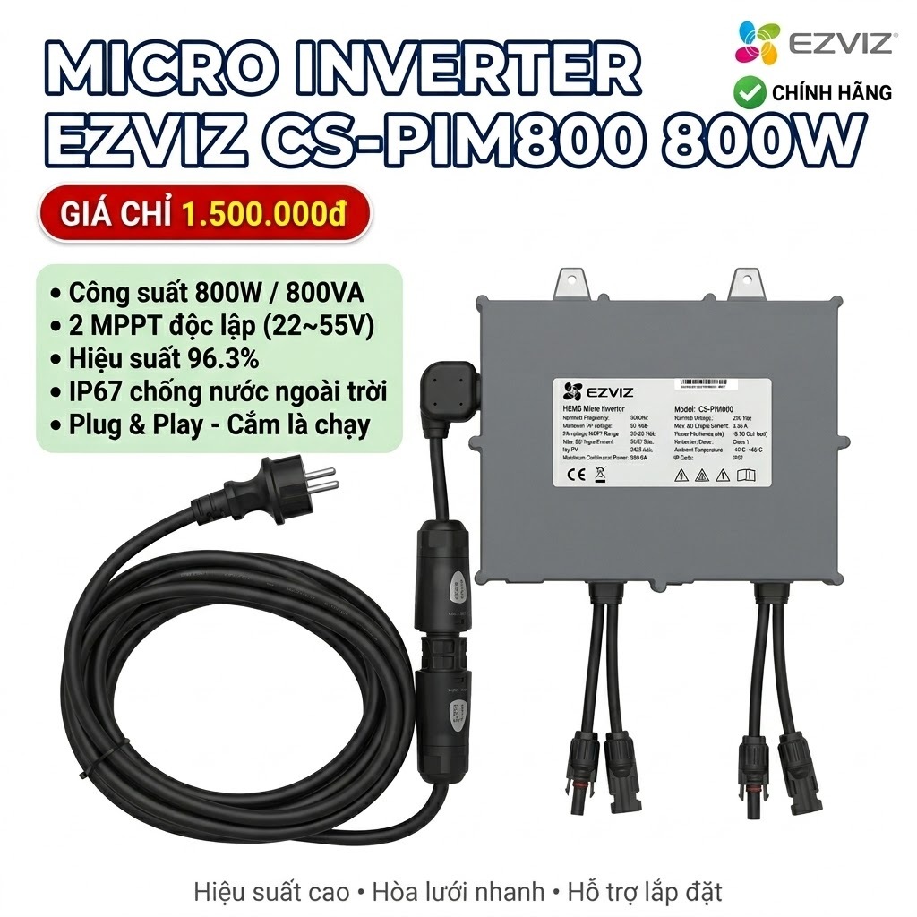 Micro Inverter EZVIZ 800W - Biến Tần Hòa Lưới Điện Mặt Trời 800W 2 MPPT, IP67, Plug & Play Cho Ban C