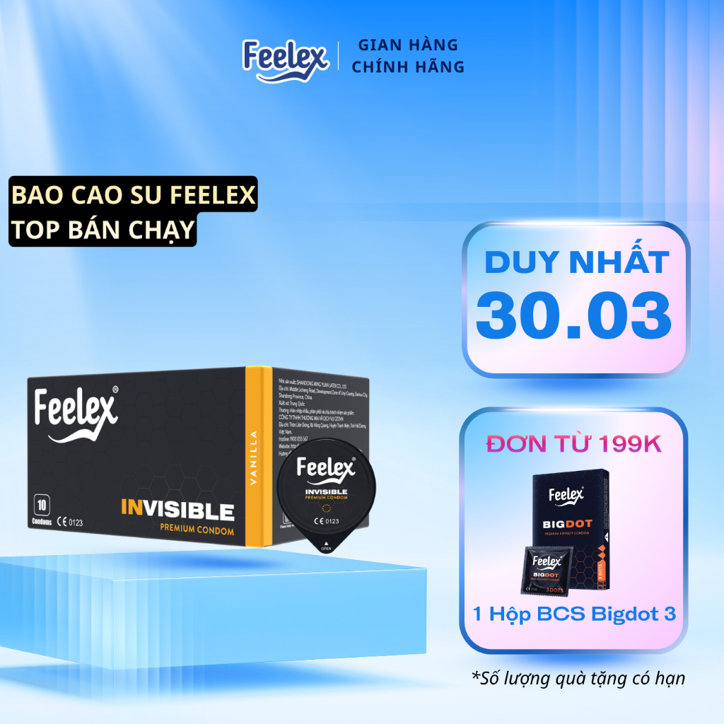 Bao cao su Feelex siêu mỏng, kéo dài thời gian, gân gai, nhiều gel bôi trơn - Hộp 10 bcs